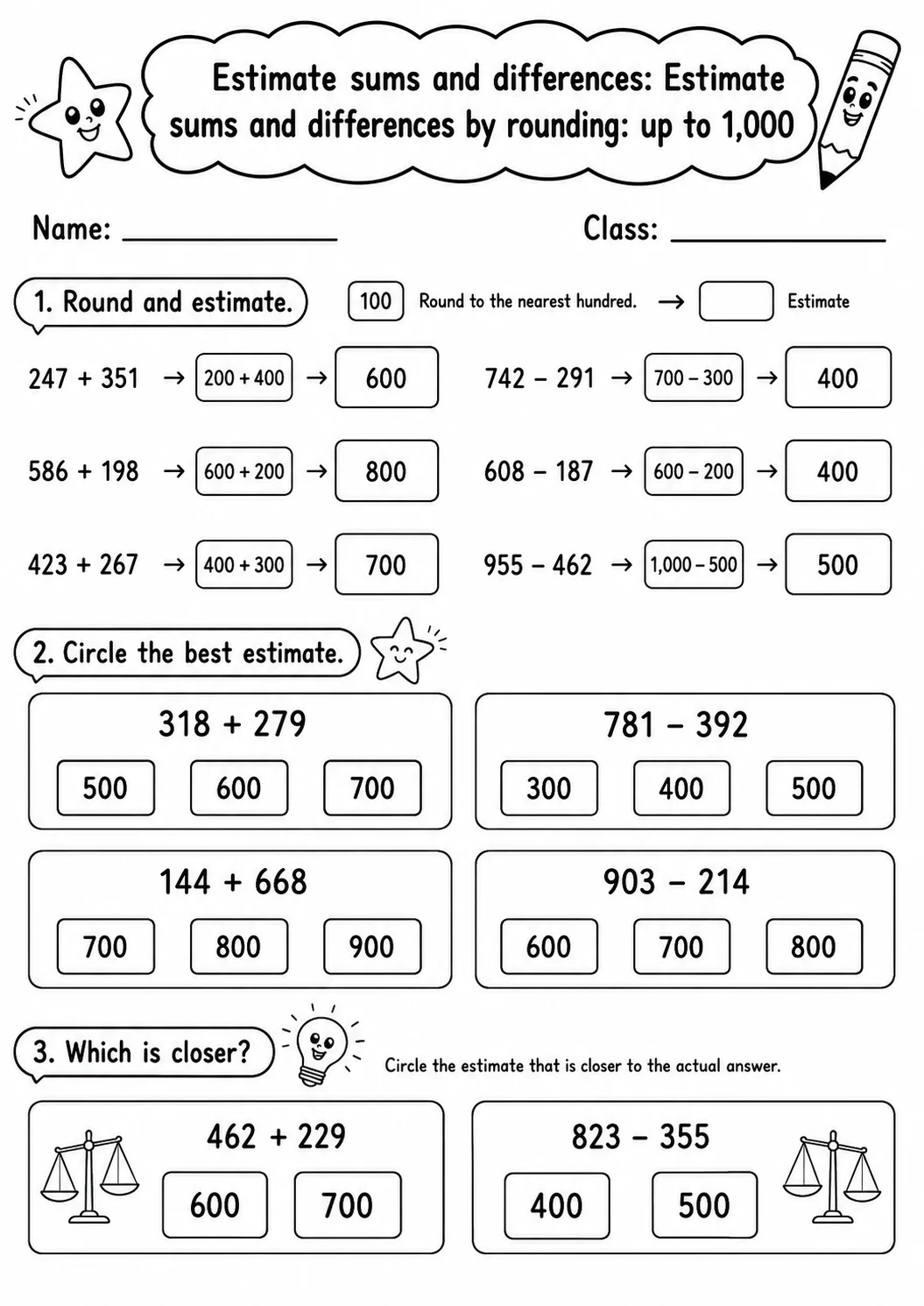 Grade 3 Estimate Sums And Differences Math Worksheet Pack printable worksheet pack preview