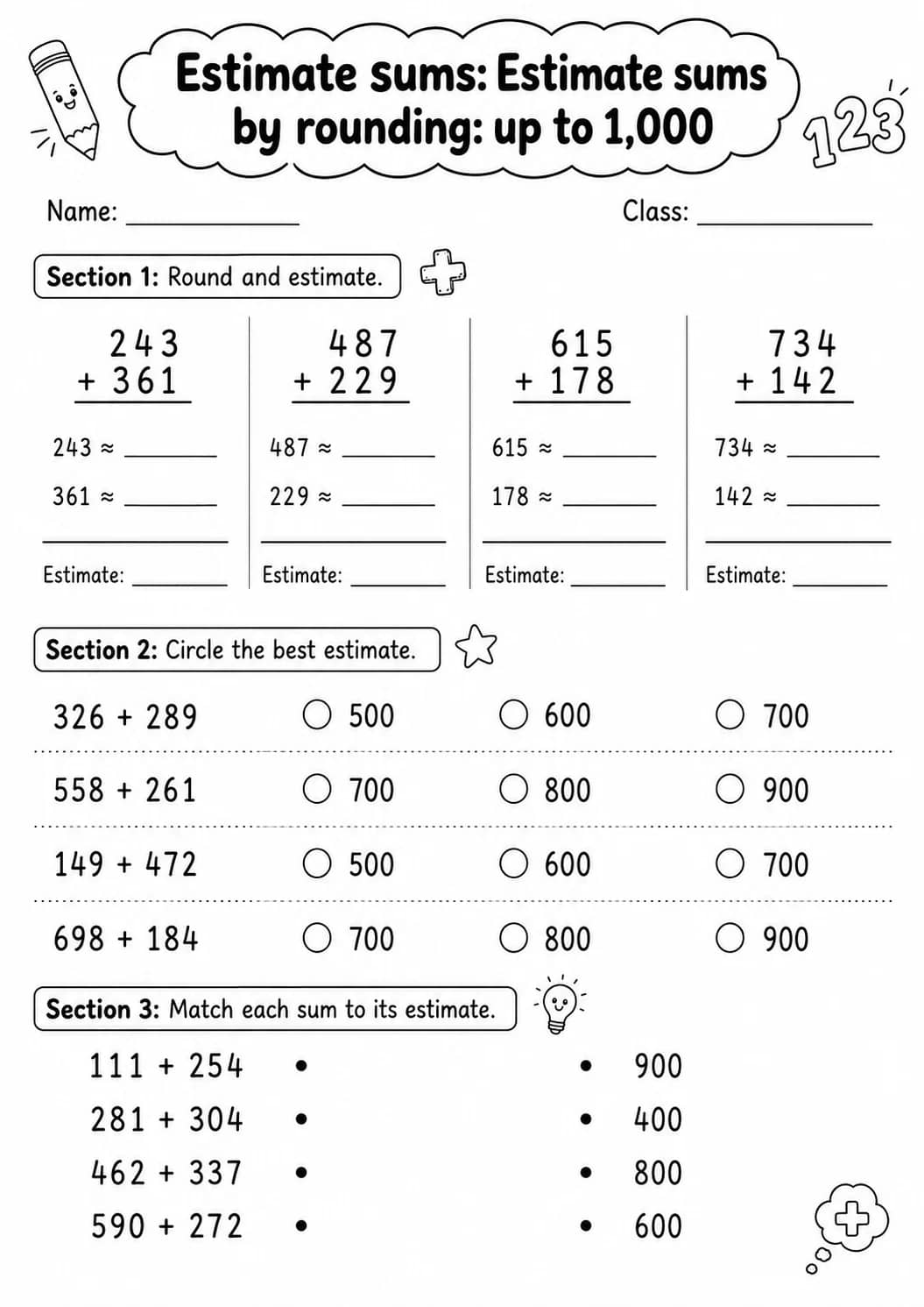 Grade 3 Estimate Sums Math Worksheet Pack printable worksheet pack preview