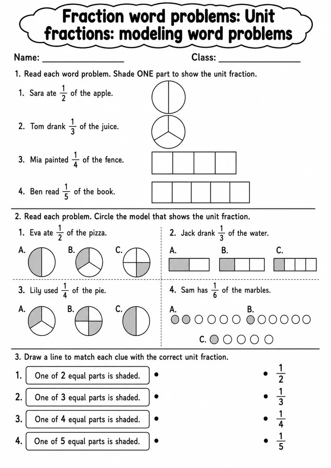 Grade 3 Fraction Word Problems Math Worksheet Pack printable worksheet pack preview