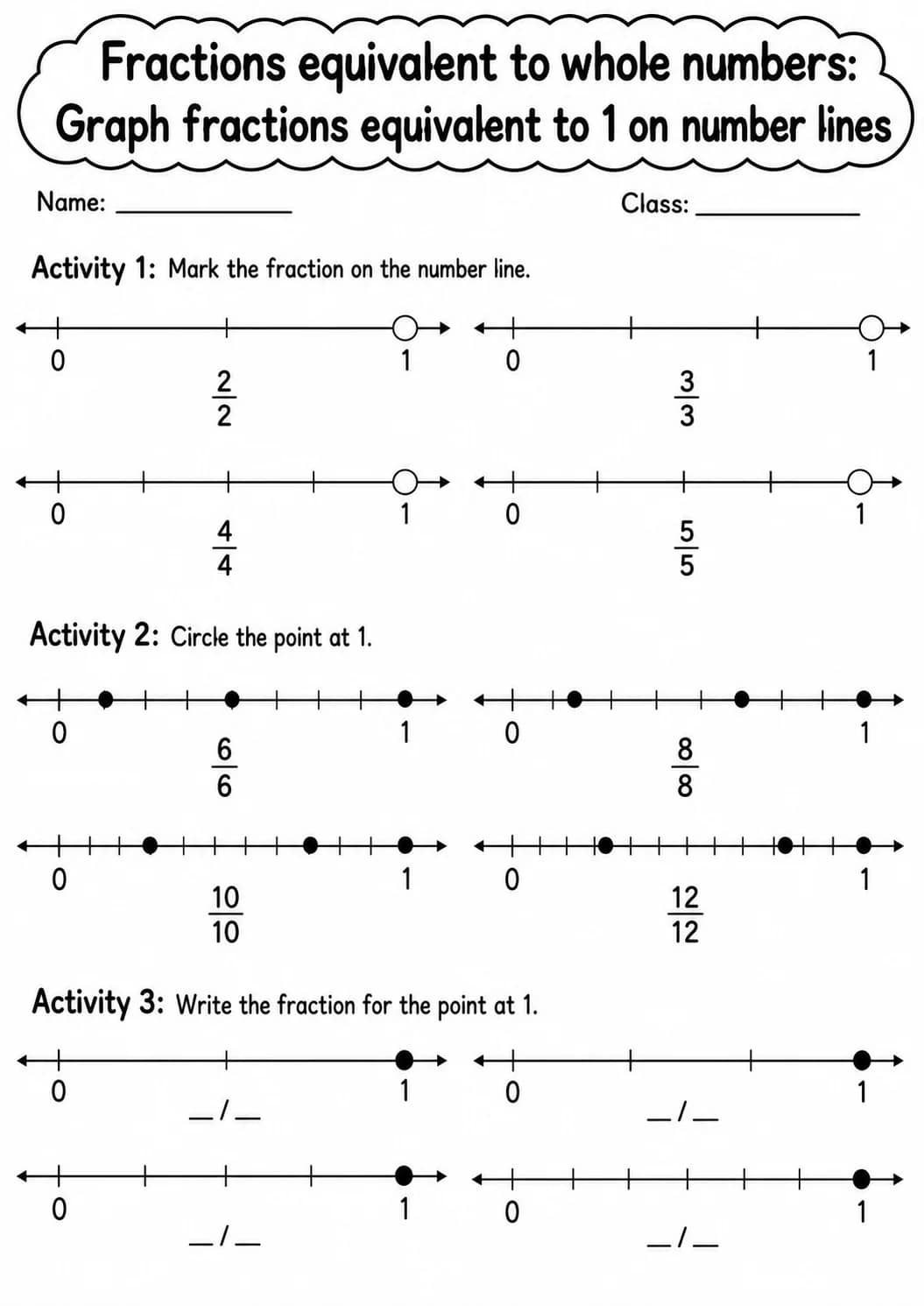Grade 3 Fractions Equivalent To Whole Numbers Math Worksheet Pack printable worksheet pack preview