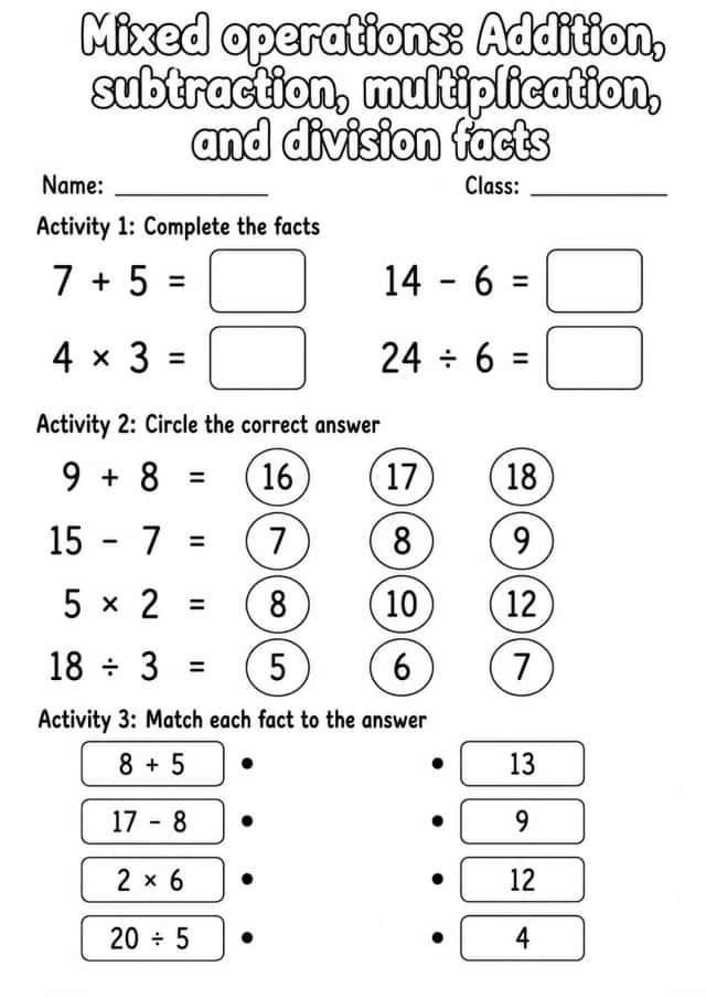Grade 3 Mixed Operations Math Worksheet Pack