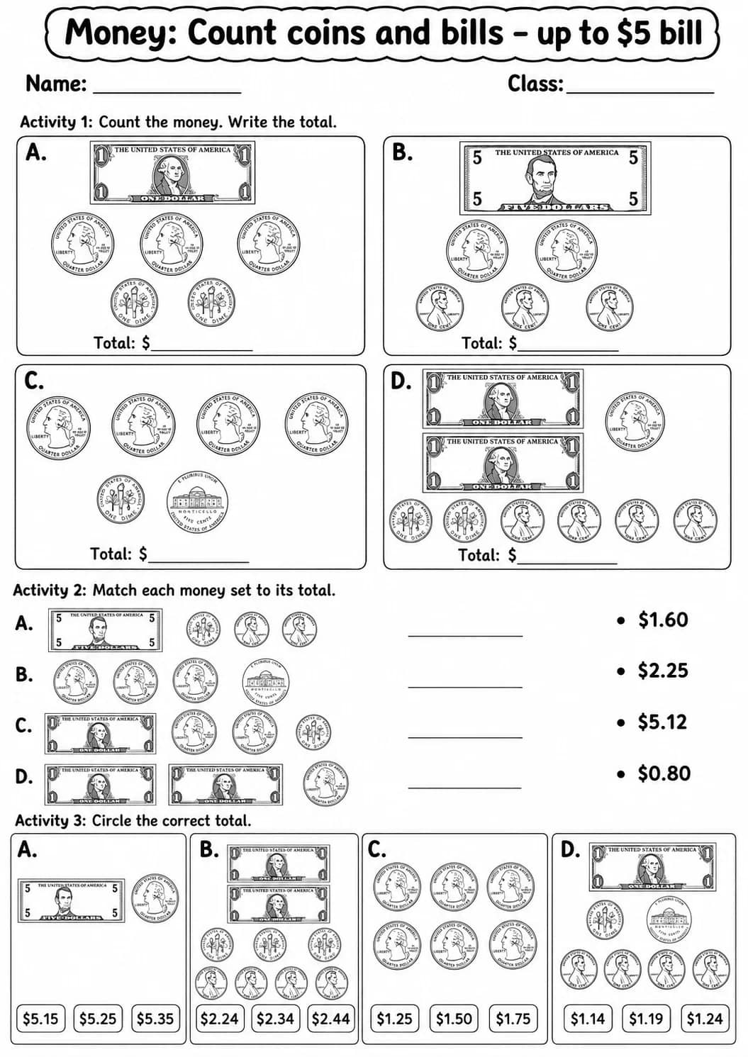 Grade 3 Money Math Worksheet Pack printable worksheet pack preview
