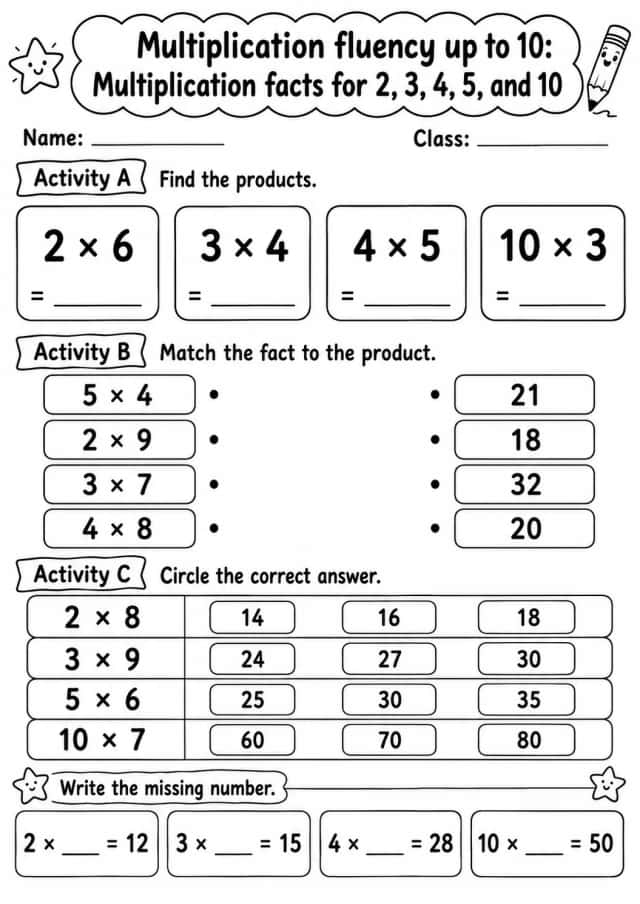 Grade 3 Multiplication Fluency Up To 10 Math Worksheet Pack