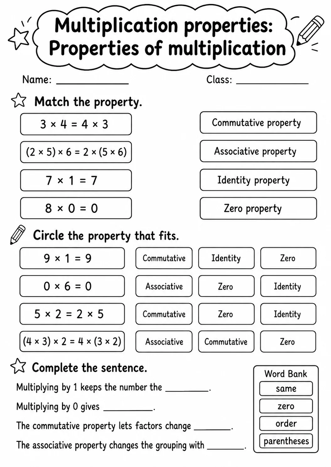 Grade 3 Multiplication Properties Math Worksheet Pack printable worksheet pack preview