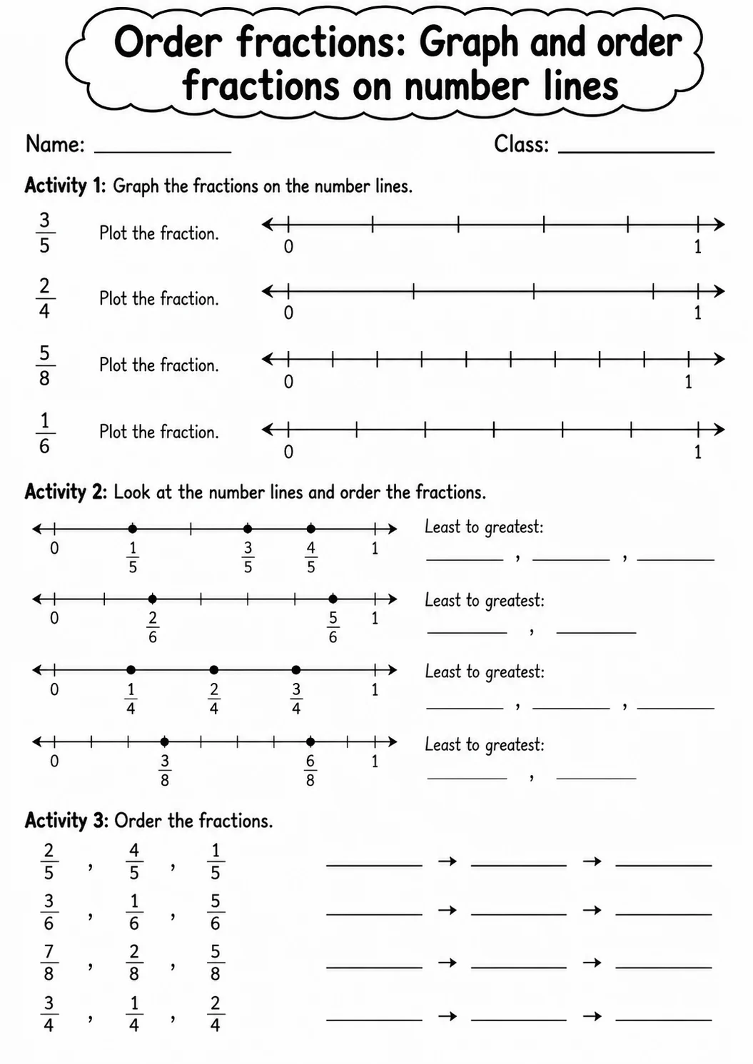 Grade 3 Order Fractions Math Worksheet Pack printable worksheet pack preview