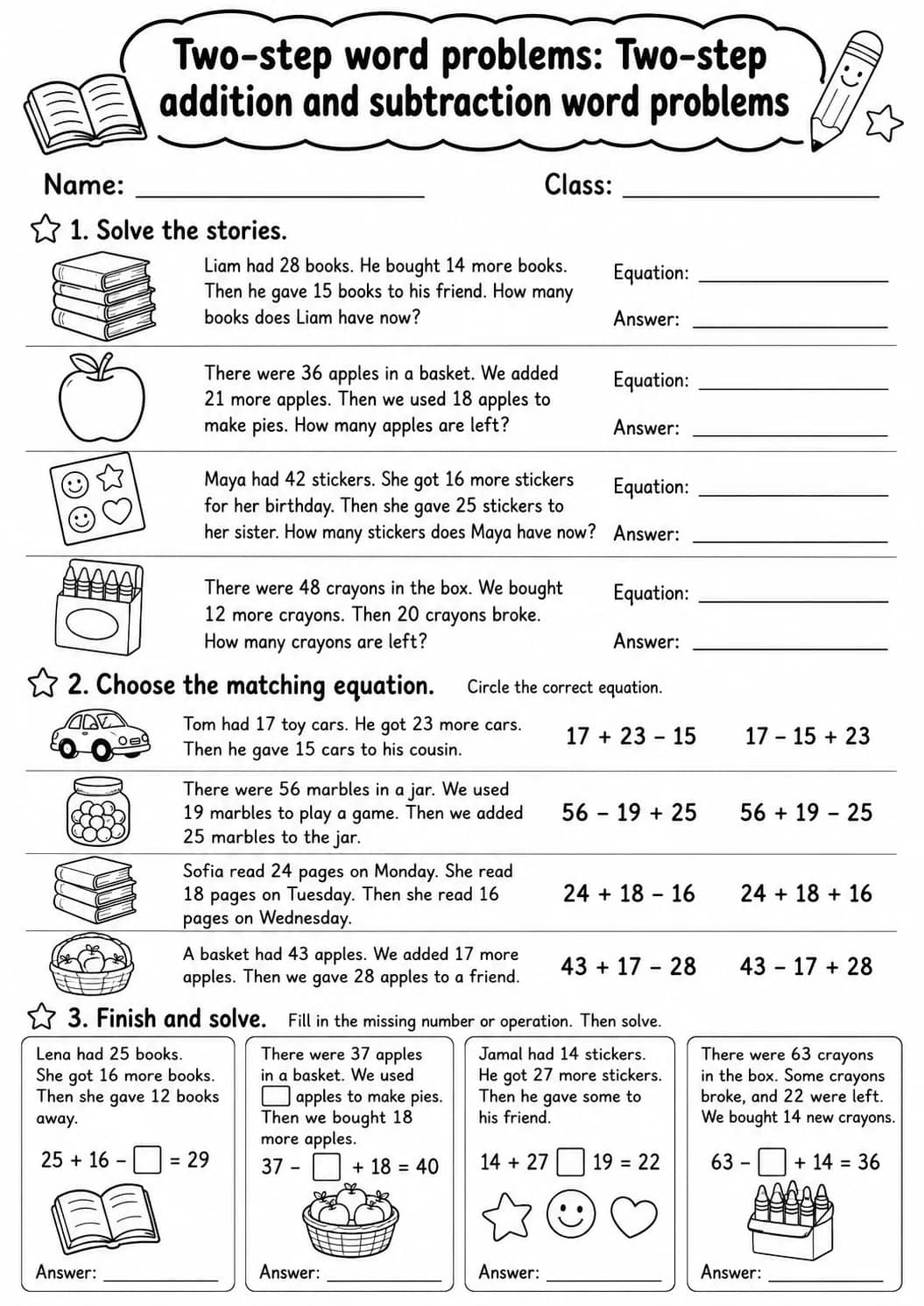 Grade 3 Two-step Word Problems Math Worksheet Pack printable worksheet pack preview