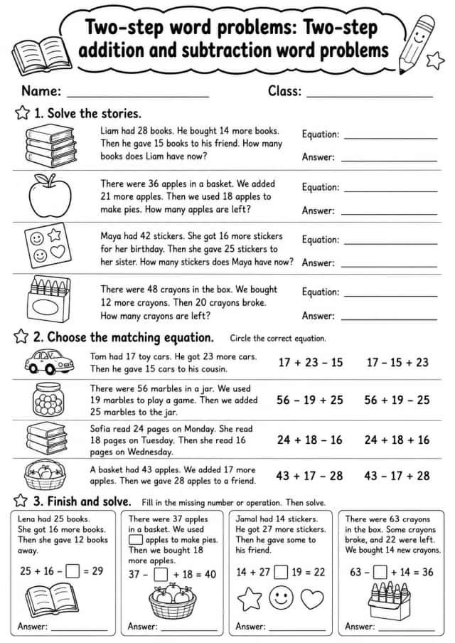 Grade 3 Two-step Word Problems Math Worksheet Pack