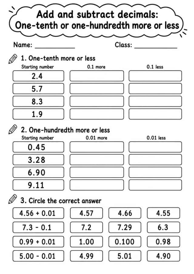 Grade 4 Add And Subtract Decimals Math Worksheet Pack