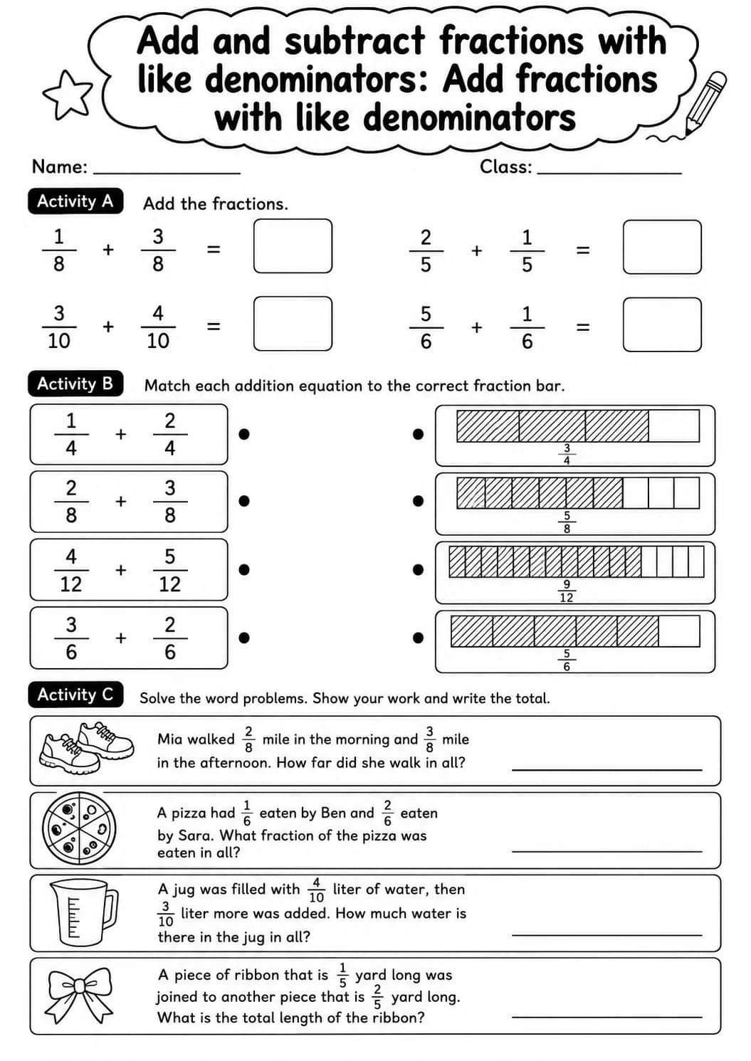 Grade 4 Add And Subtract Fractions With Like Denominators Math Worksheet Pack printable worksheet pack preview