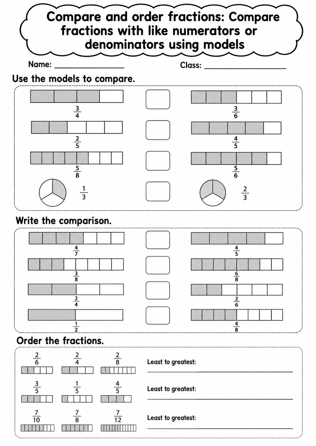 Grade 4 Compare And Order Fractions Math Worksheet Pack printable worksheet pack preview