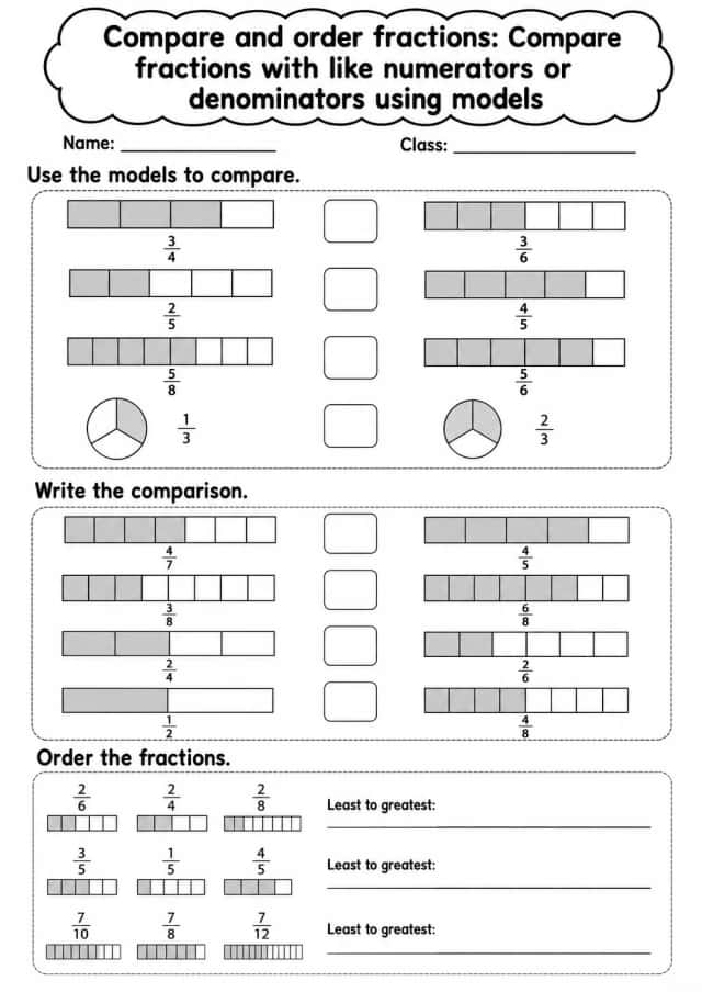 Grade 4 Compare And Order Fractions Math Worksheet Pack