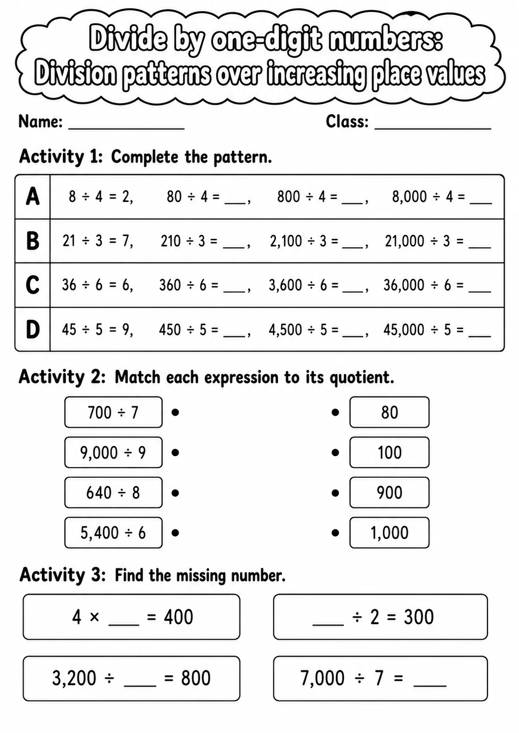 Grade 4 Divide By One-digit Numbers Math Worksheet Pack printable worksheet pack preview