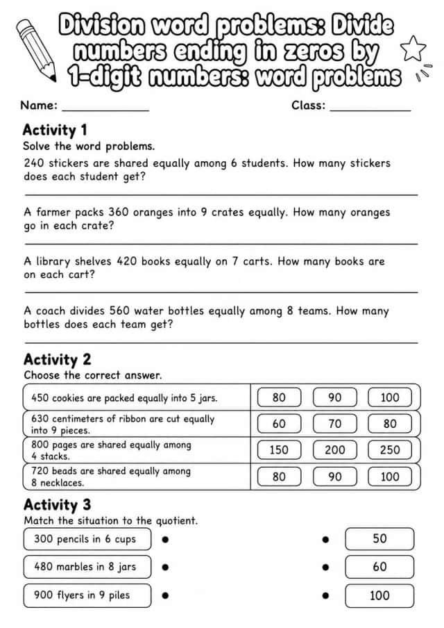 Grade 4 Division Word Problems Math Worksheet Pack