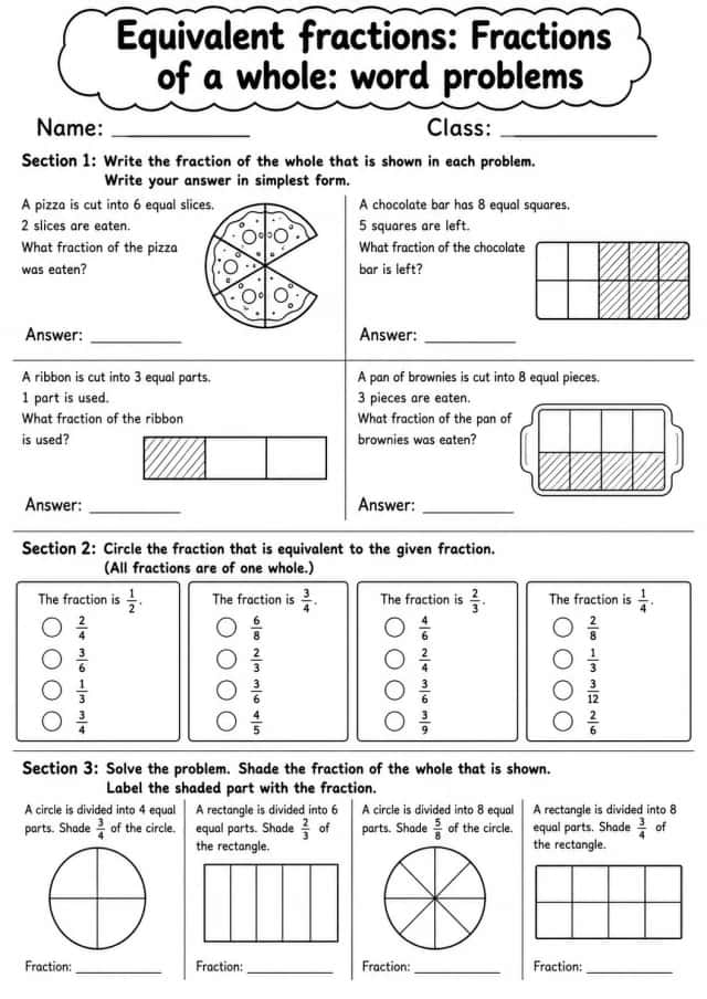 Grade 4 Equivalent Fractions Math Worksheet Pack