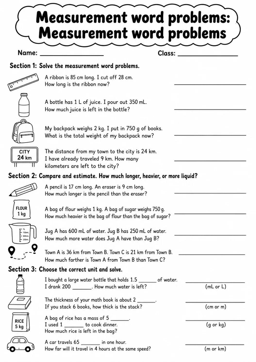 Grade 4 Measurement Word Problems Math Worksheet Pack printable worksheet pack preview