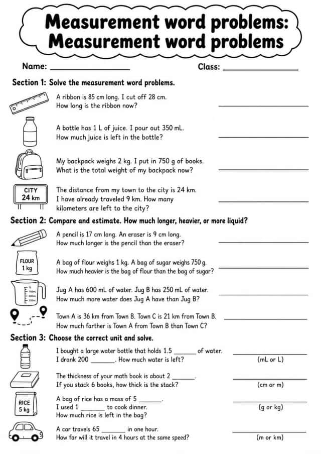 Grade 4 Measurement Word Problems Math Worksheet Pack