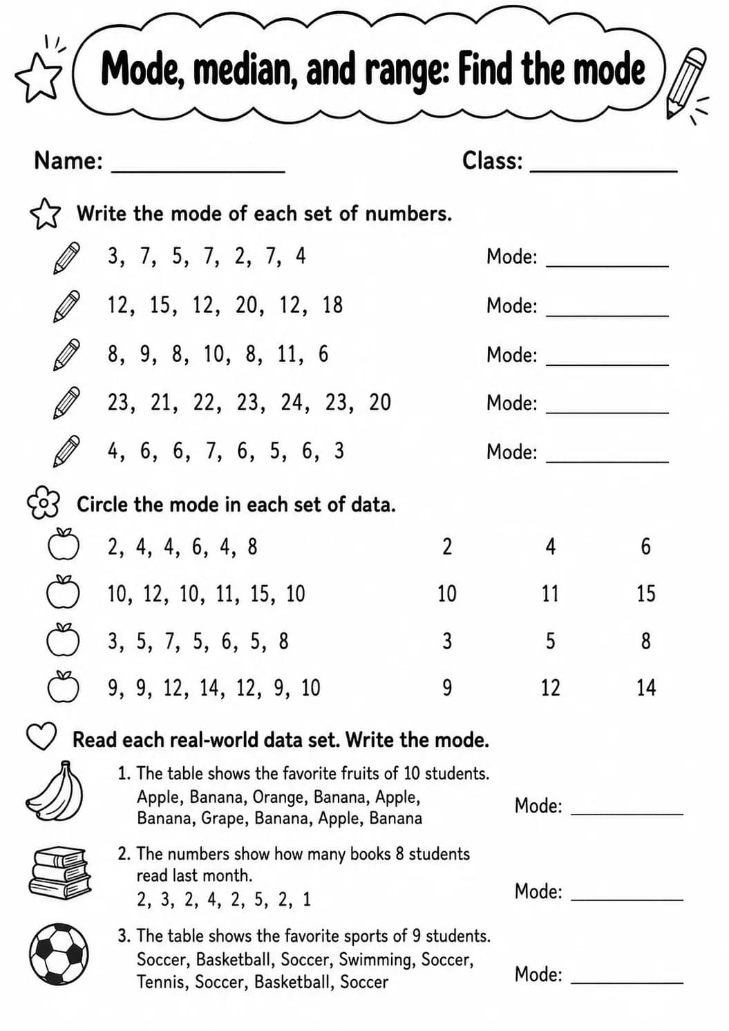 Grade 4 Mode, Median, And Range Math Worksheet Pack printable worksheet pack preview