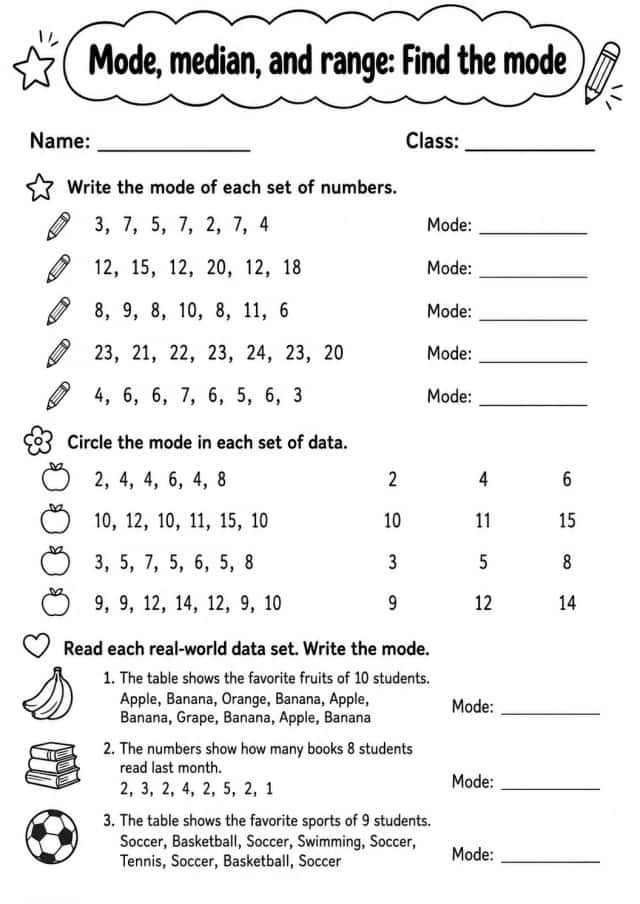 Grade 4 Mode, Median, And Range Math Worksheet Pack