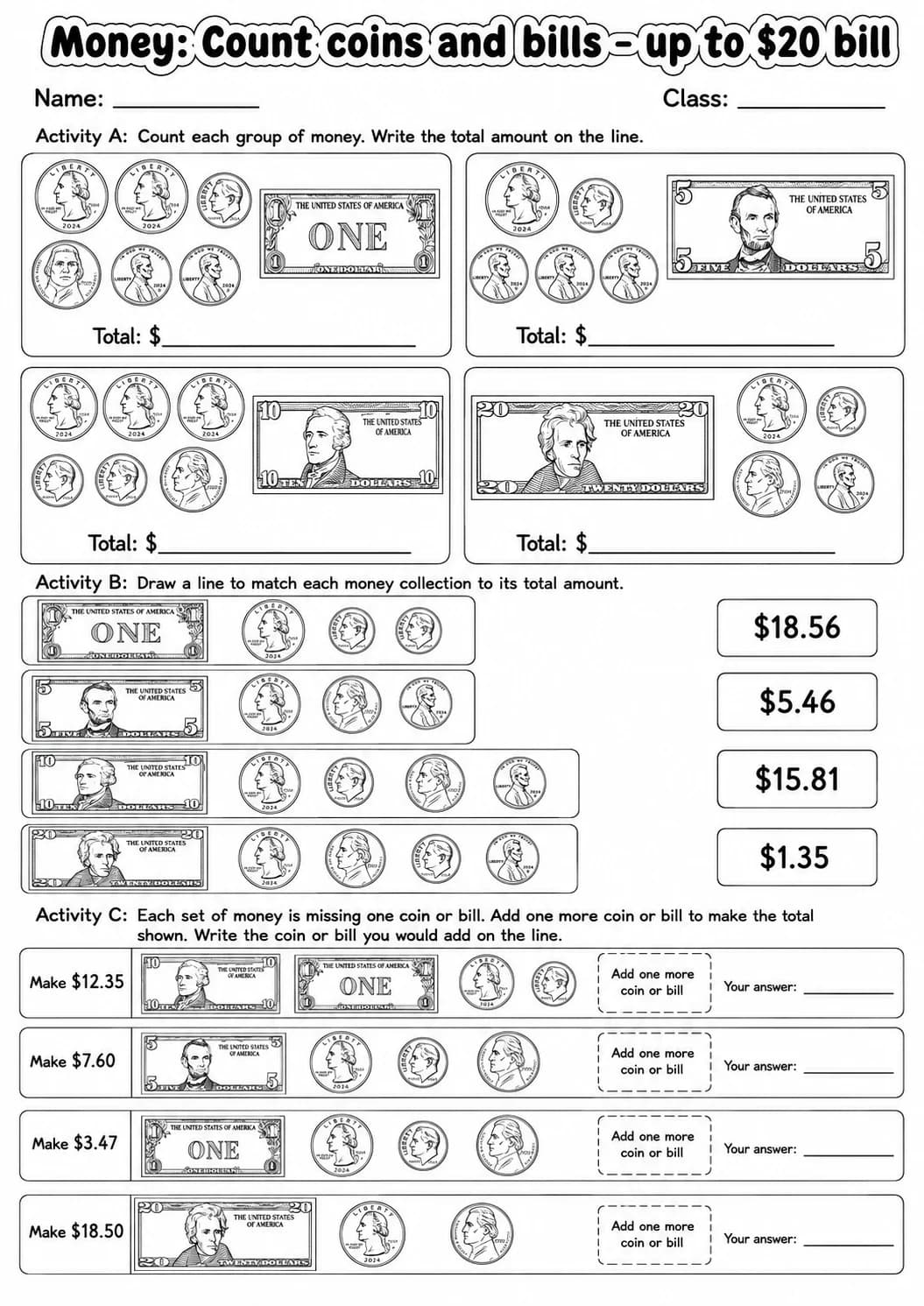 Grade 4 Money Math Worksheet Pack printable worksheet pack preview