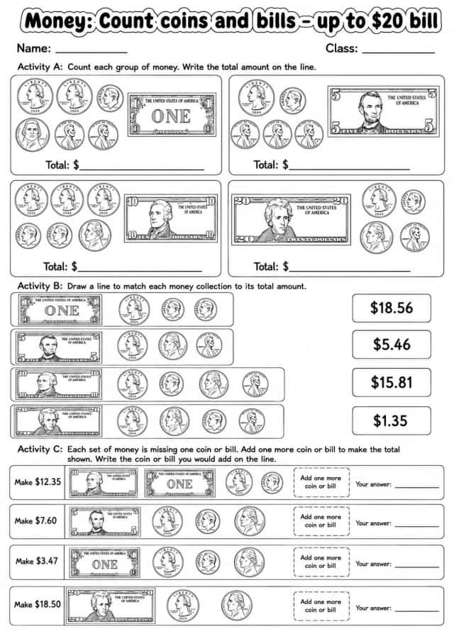 Grade 4 Money Math Worksheet Pack