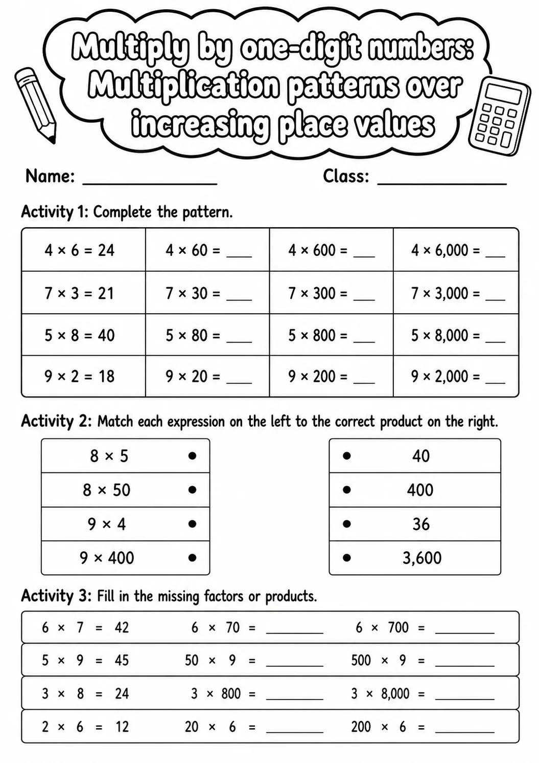 Grade 4 Multiply By One-digit Numbers Math Worksheet Pack printable worksheet pack preview