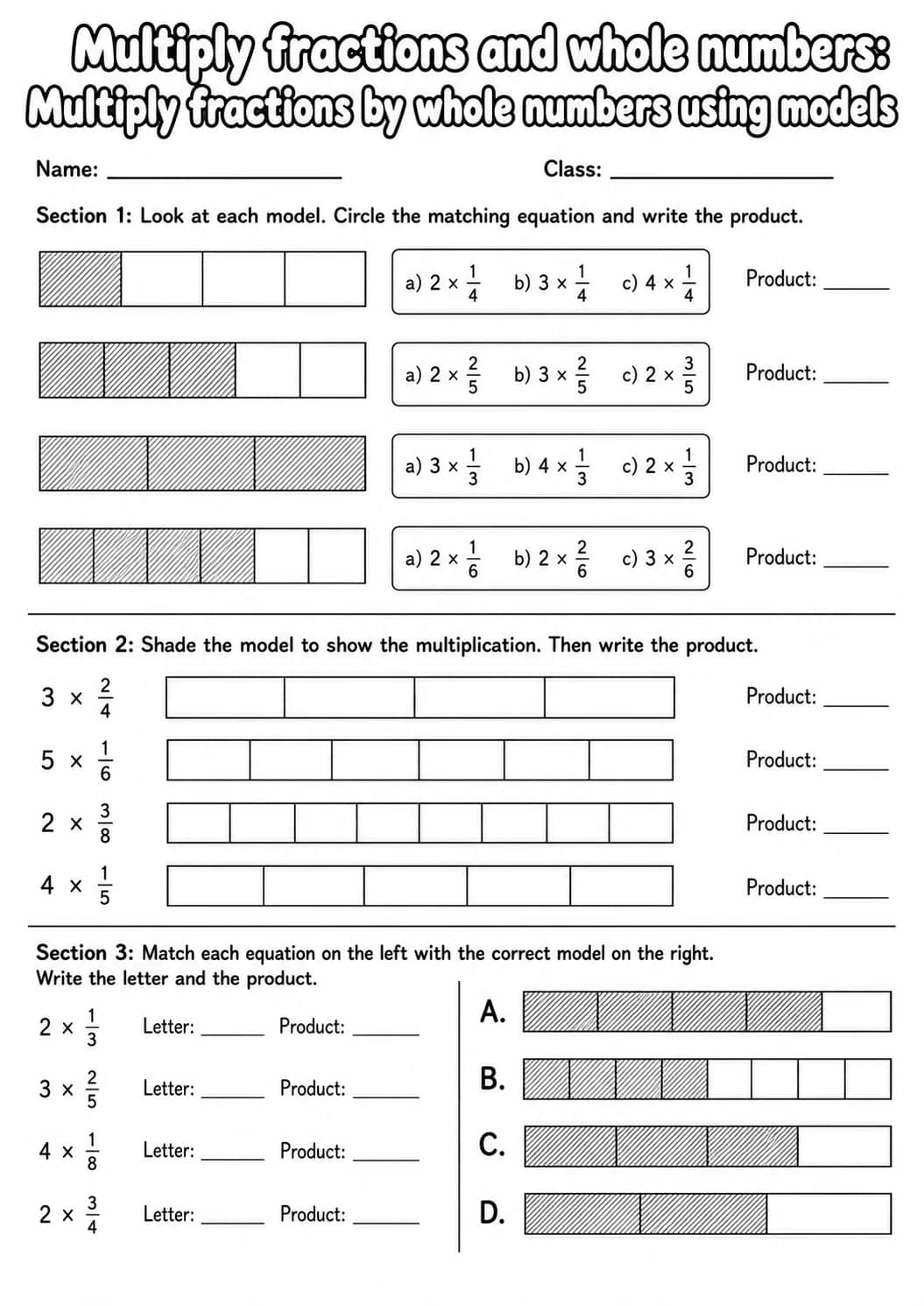 Grade 4 Multiply Fractions And Whole Numbers Math Worksheet Pack printable worksheet pack preview