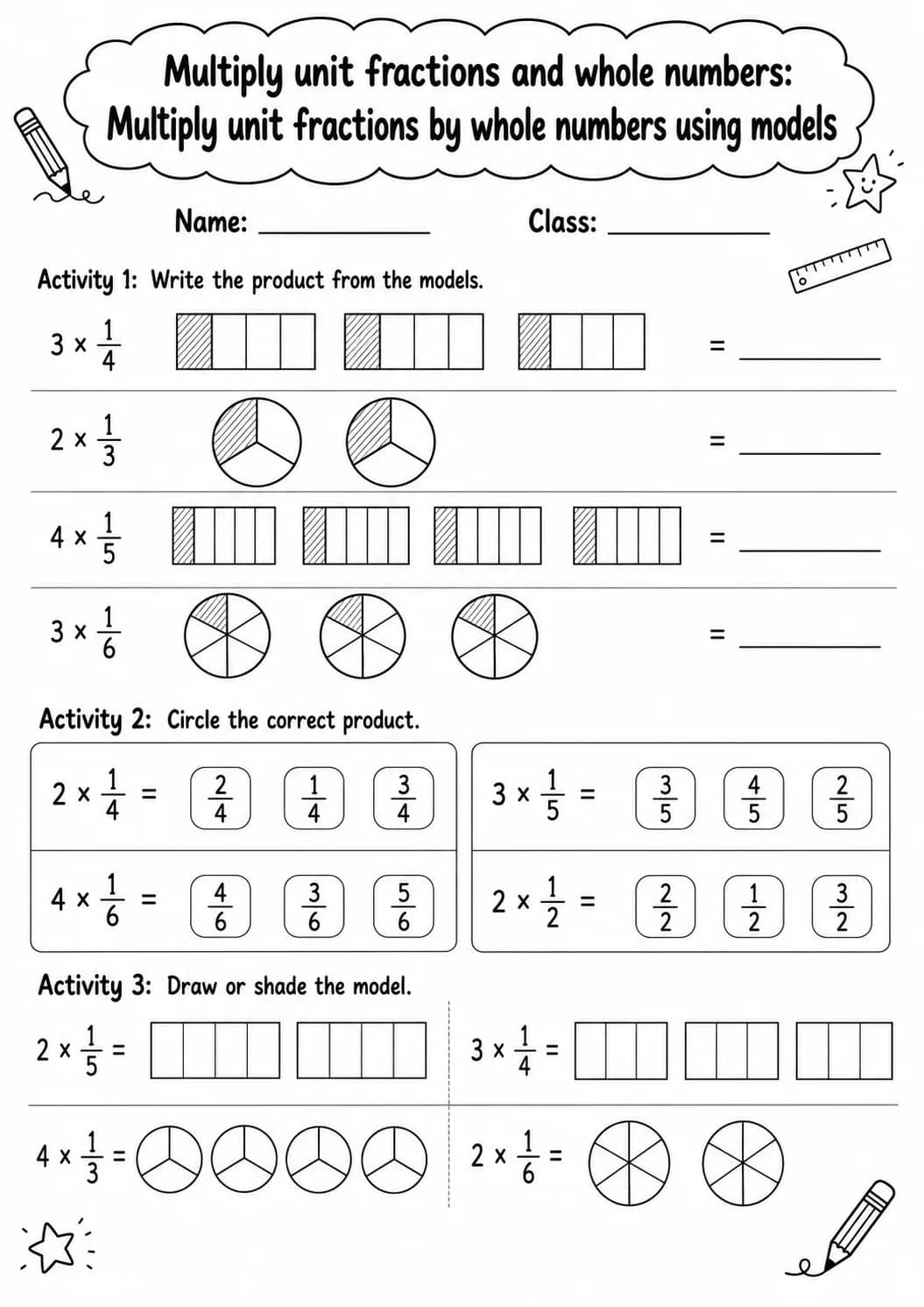 Grade 4 Multiply Unit Fractions And Whole Numbers Math Worksheet Pack printable worksheet pack preview