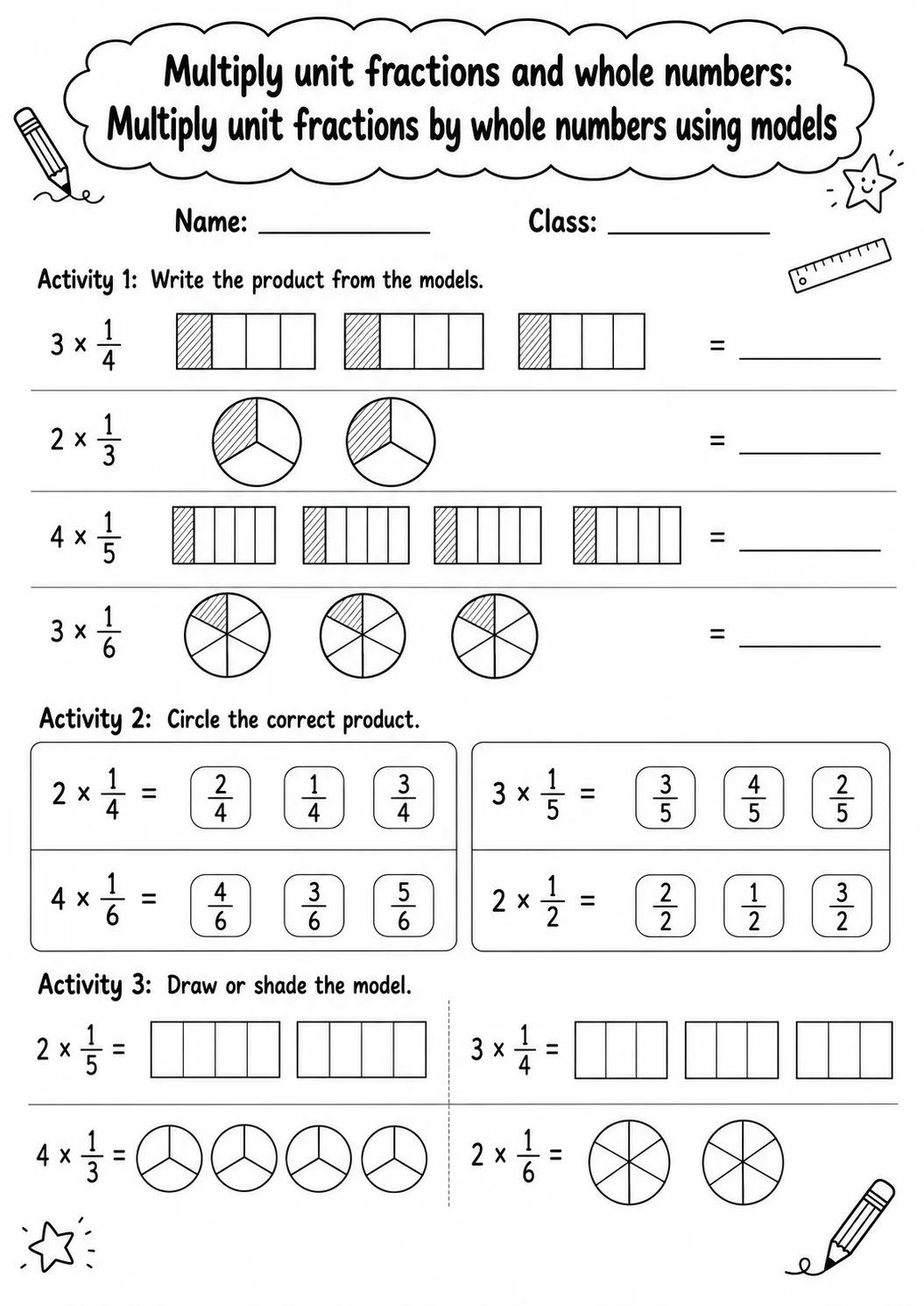 Grade 4 Multiply Unit Fractions And Whole Numbers Math Worksheet Pack printable worksheet pack preview
