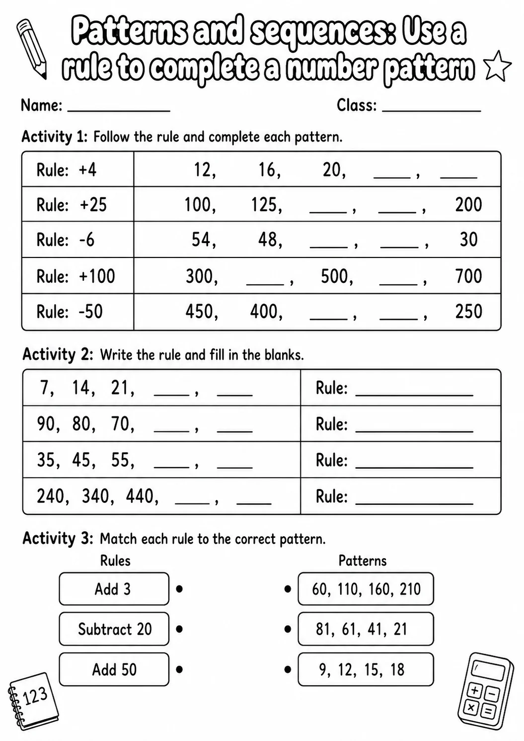 Grade 4 Patterns And Sequences Math Worksheet Pack printable worksheet pack preview