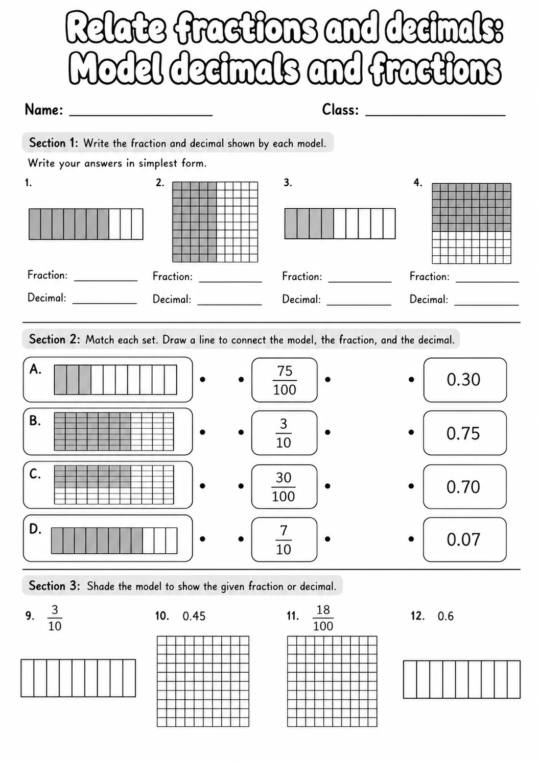Grade 4 Relate Fractions And Decimals Math Worksheet Pack printable worksheet pack preview