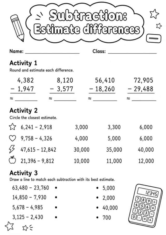 Grade 4 Subtraction Math Worksheet Pack
