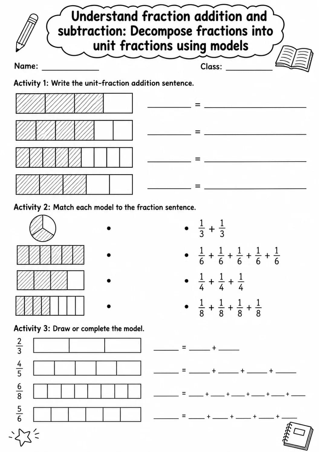 Grade 4 Understand Fraction Addition And Subtraction Math Worksheet Pack printable worksheet pack preview
