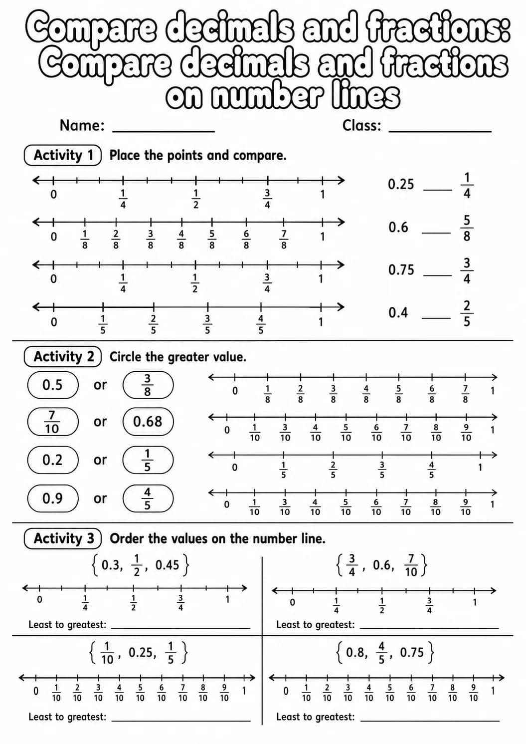 Grade 5 Compare Decimals And Fractions Math Worksheet Pack printable worksheet pack preview