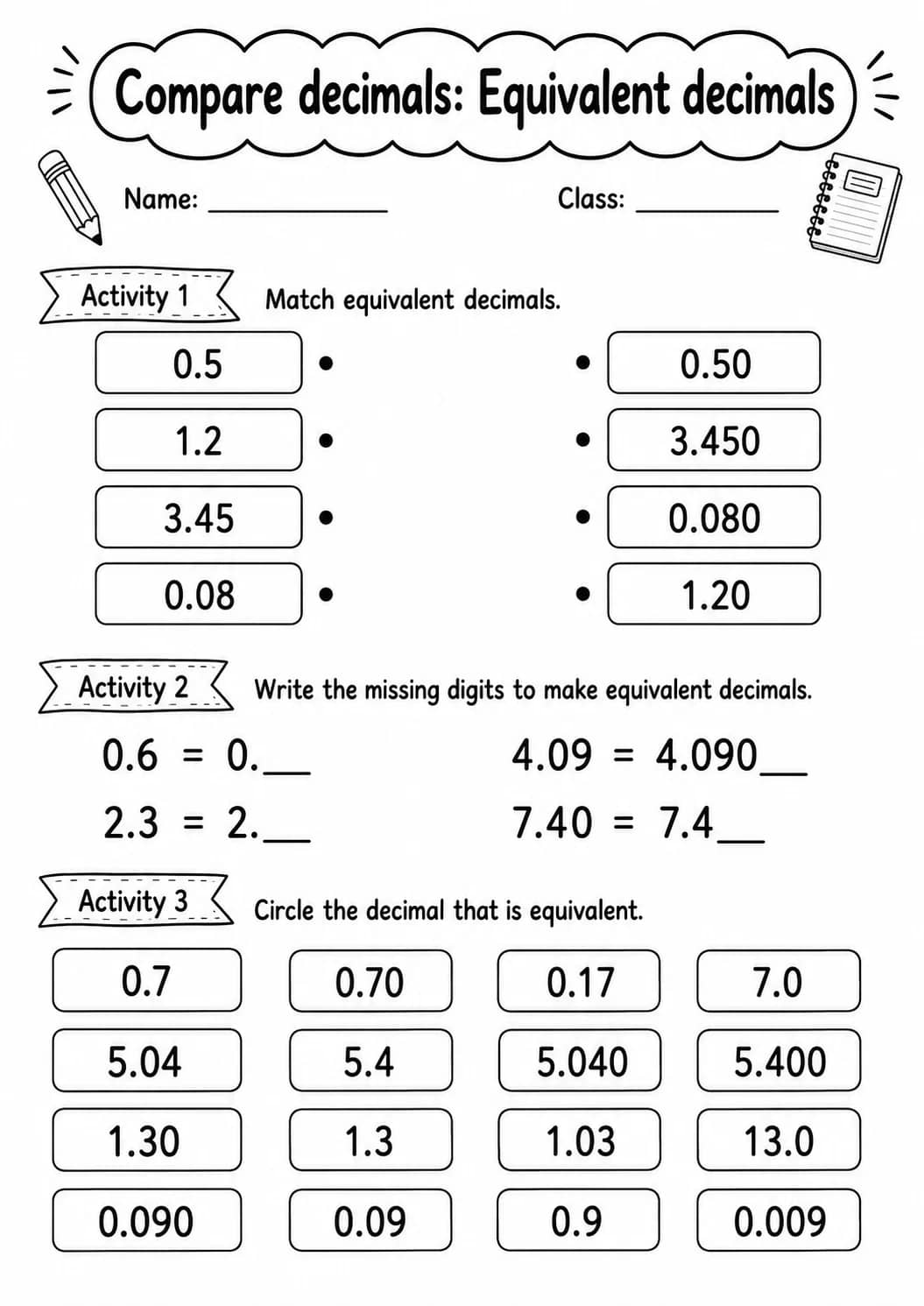 Grade 5 Compare Decimals Math Worksheet Pack printable worksheet pack preview