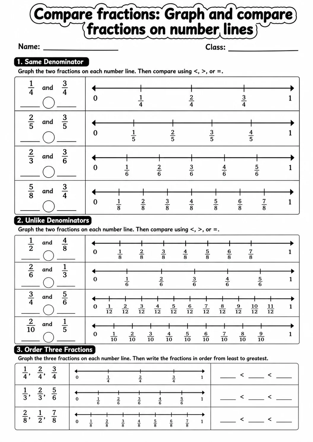 Grade 5 Compare Fractions Math Worksheet Pack printable worksheet pack preview