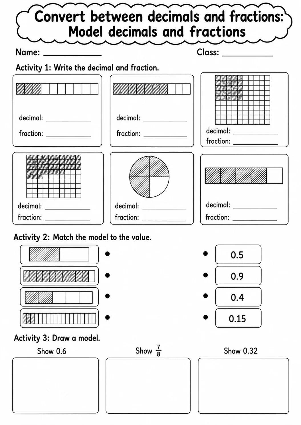 Grade 5 Convert Between Decimals And Fractions Math Worksheet Pack printable worksheet pack preview