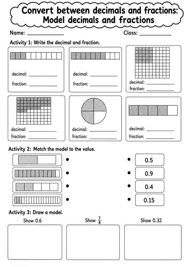 Grade 5 Convert Between Decimals And Fractions Math Worksheet Pack