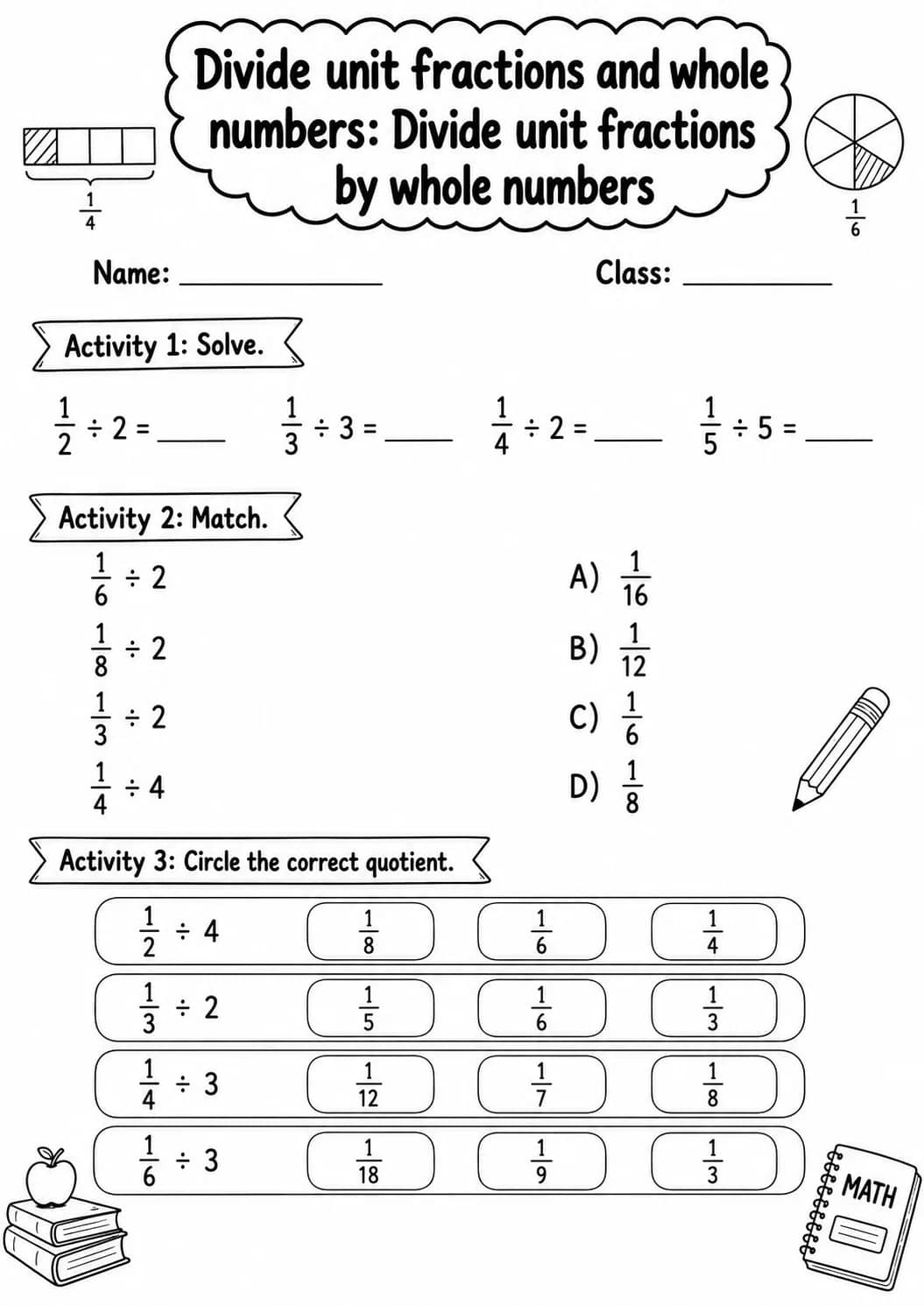 Grade 5 Divide Unit Fractions And Whole Numbers Math Worksheet Pack printable worksheet pack preview