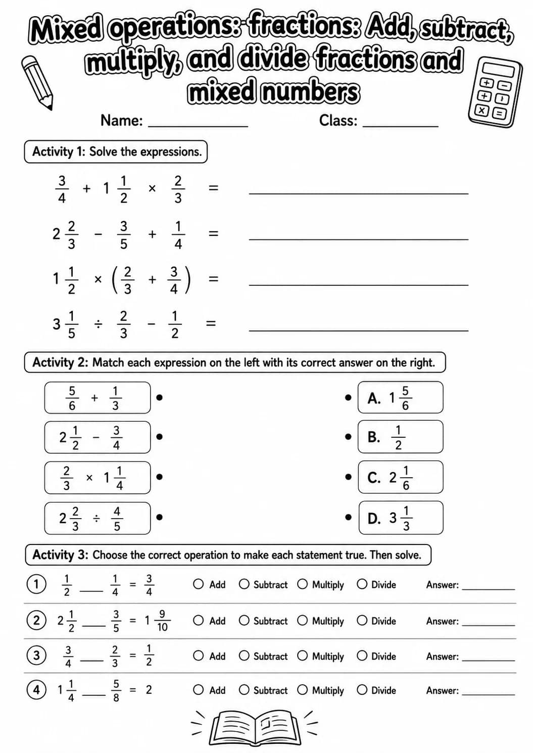 Grade 5 Mixed Operations: Fractions Math Worksheet Pack printable worksheet pack preview