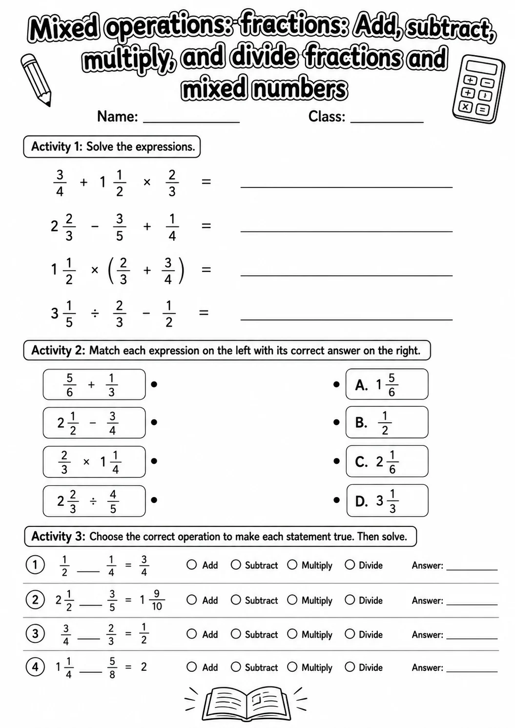 Grade 5 Mixed Operations: Fractions Math Worksheet Pack printable worksheet pack preview