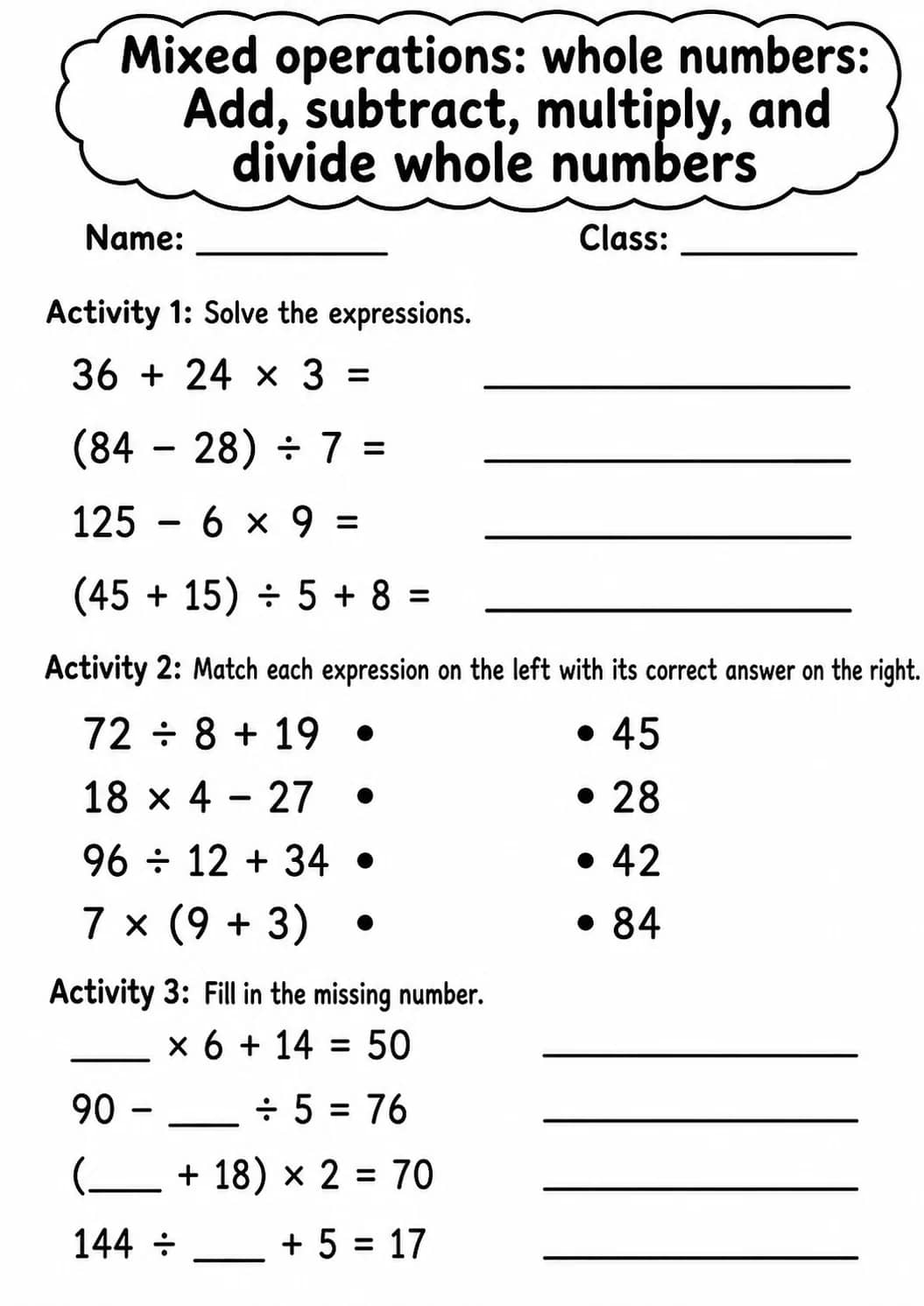 Grade 5 Mixed Operations: Whole Numbers Math Worksheet Pack printable worksheet pack preview