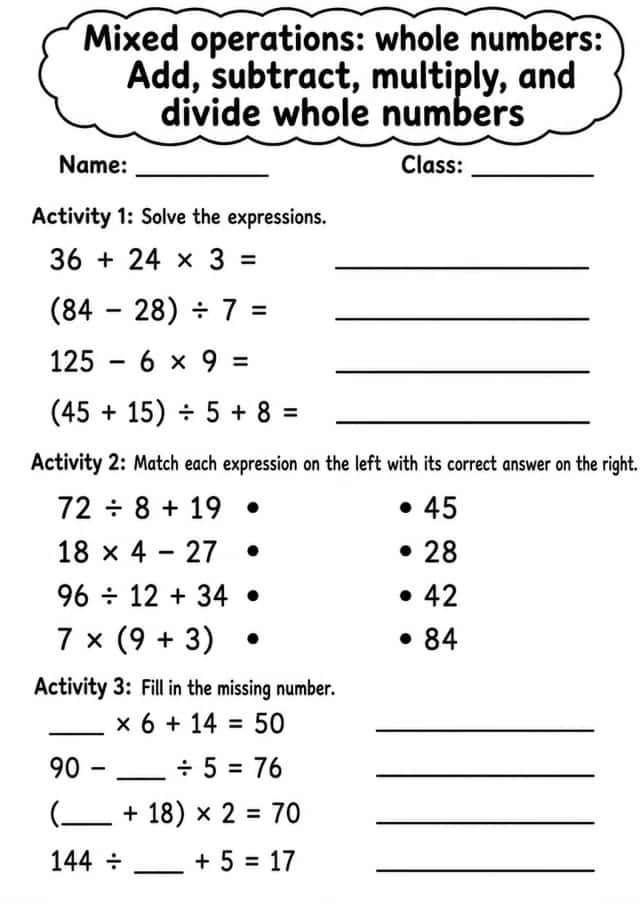 Grade 5 Mixed Operations: Whole Numbers Math Worksheet Pack