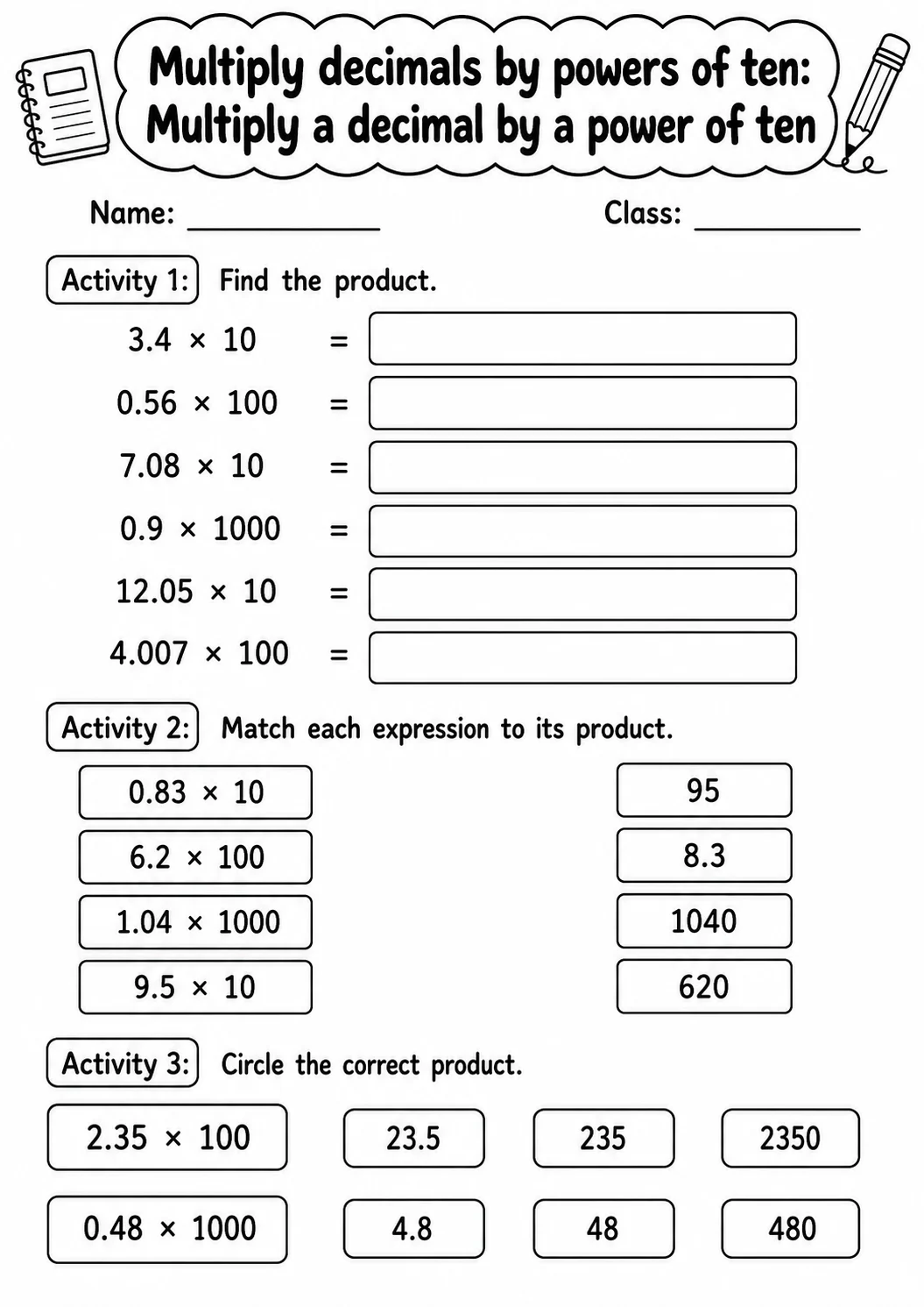 Grade 5 Multiply Decimals By Powers Of Ten Math Worksheet Pack printable worksheet pack preview