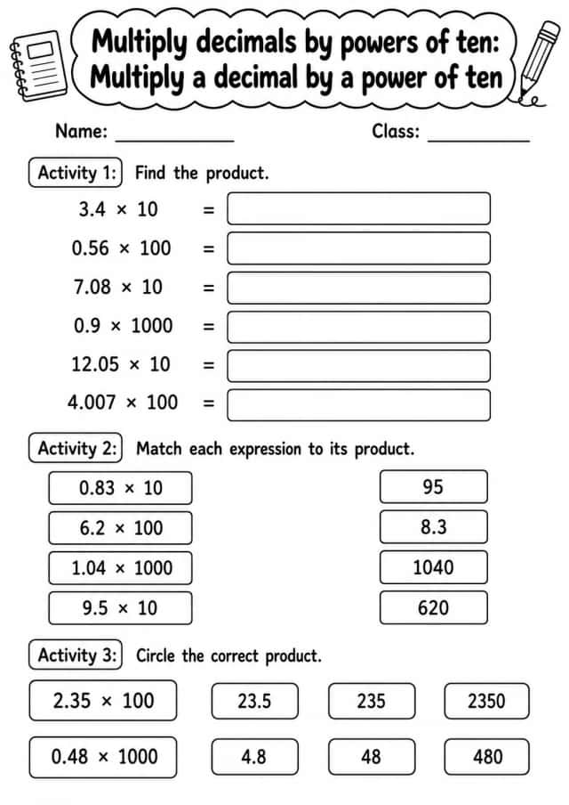 Grade 5 Multiply Decimals By Powers Of Ten Math Worksheet Pack