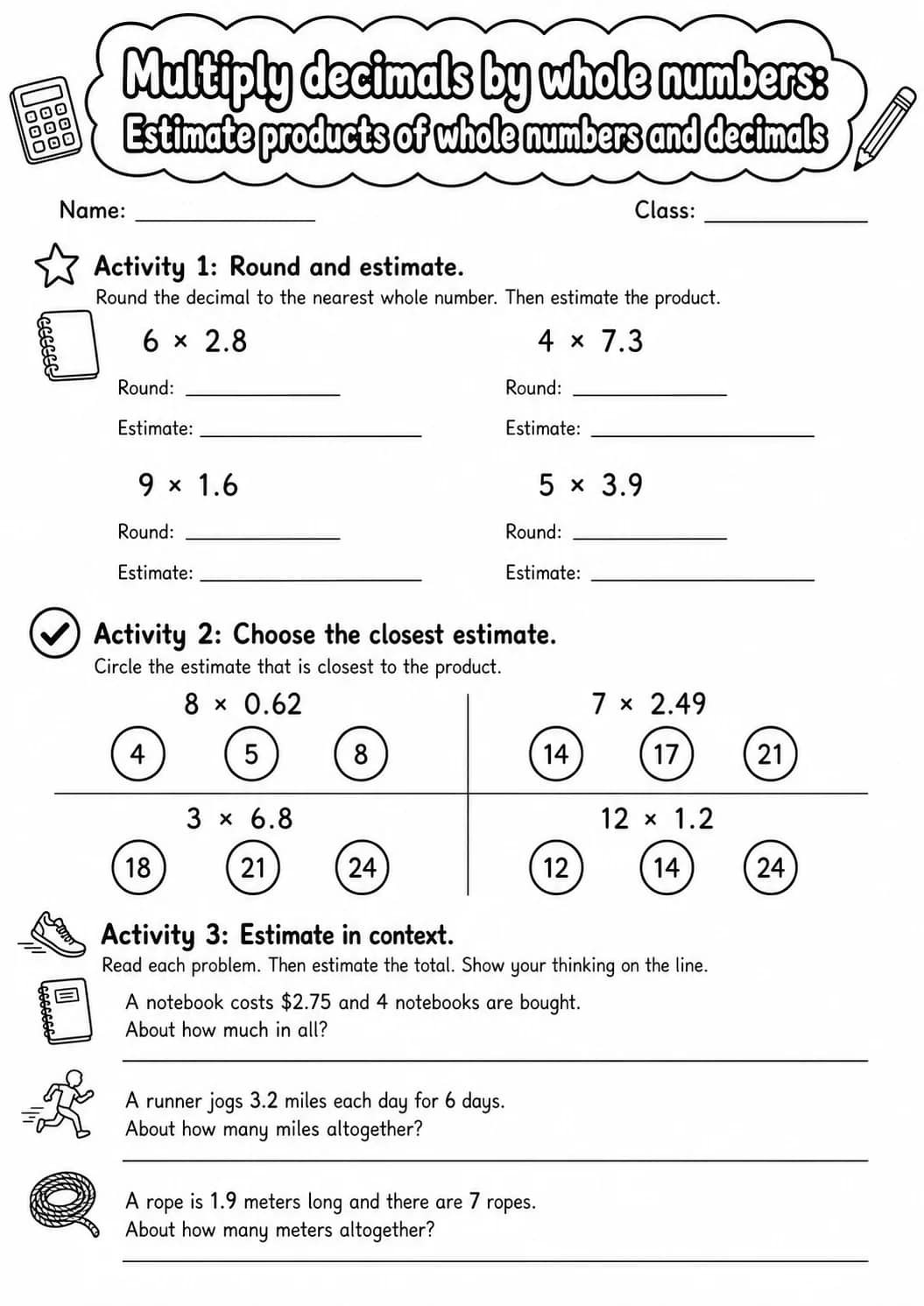 Grade 5 Multiply Decimals By Whole Numbers Math Worksheet Pack printable worksheet pack preview