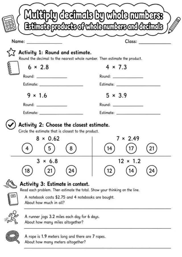Grade 5 Multiply Decimals By Whole Numbers Math Worksheet Pack