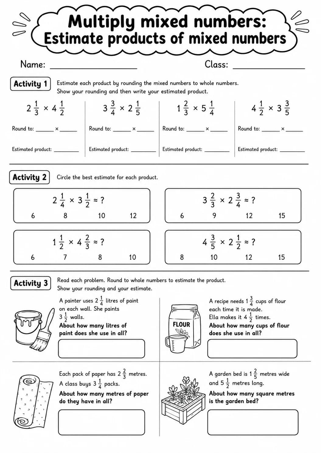 Grade 5 Multiply Mixed Numbers Math Worksheet Pack printable worksheet pack preview