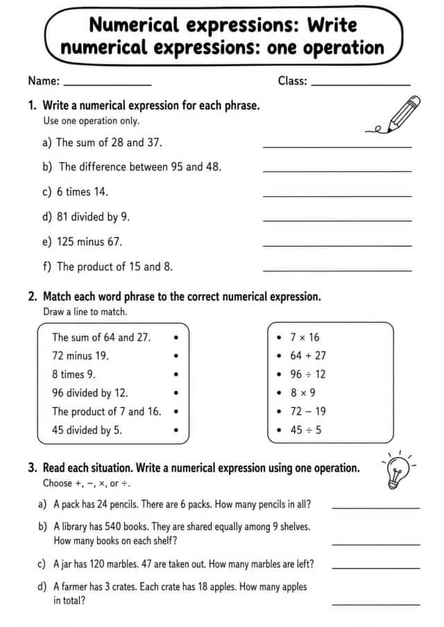 Grade 5 Numerical Expressions Math Worksheet Pack