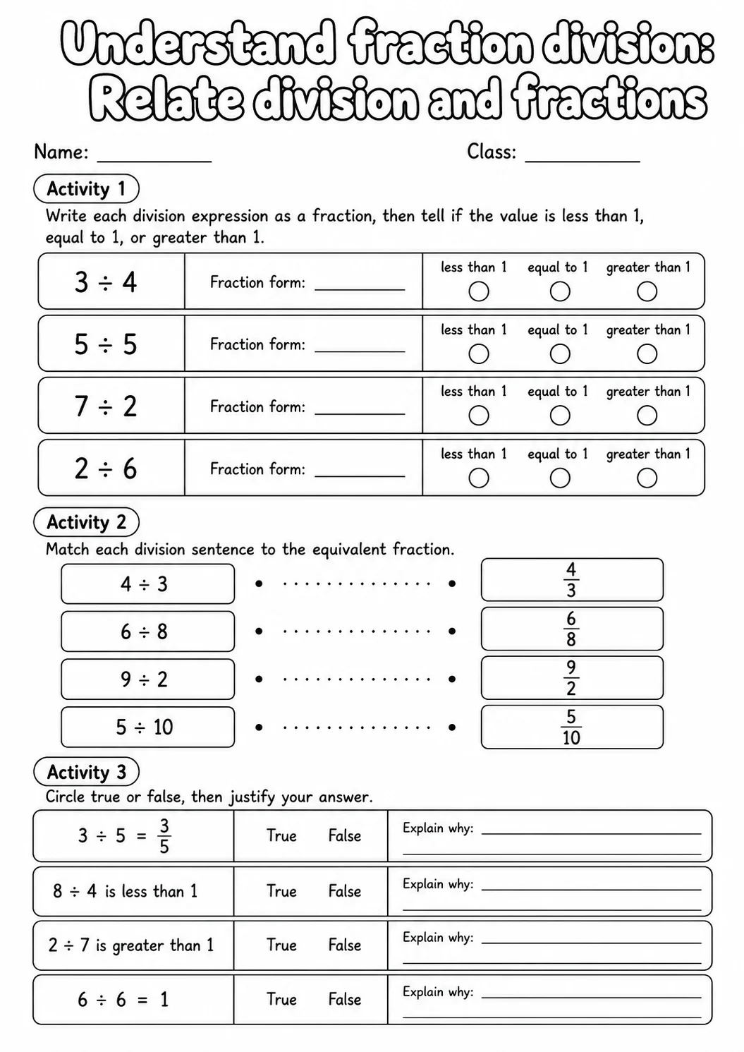 Grade 5 Understand Fraction Division Math Worksheet Pack printable worksheet pack preview