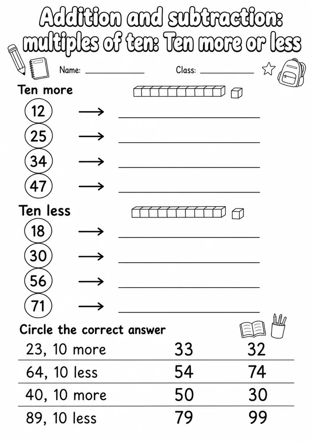 Grade 1 Addition And Subtraction: Multiples Of Ten Math Worksheet Pack printable worksheet pack preview
